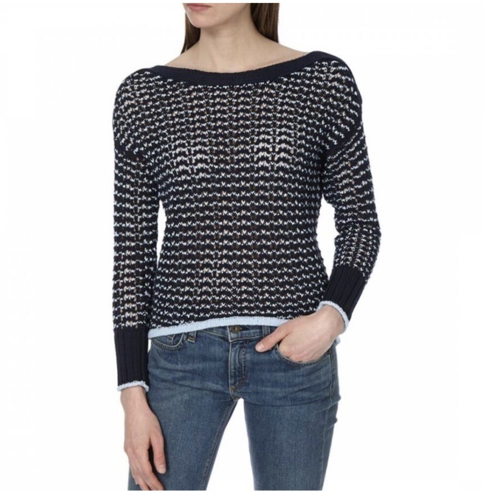 Rag & Bone Women’s Daniela Cable Knit Cropped Navy and White Sweater Sz S